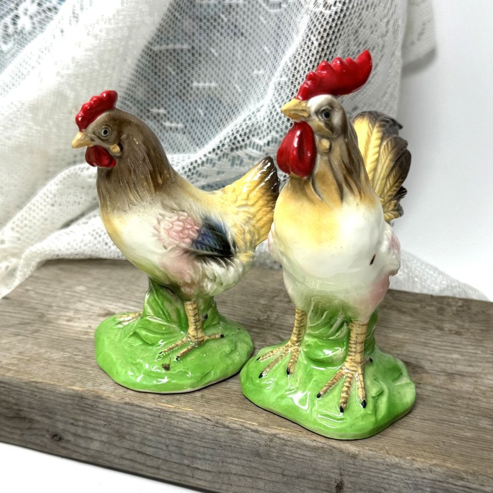 Vintage Chick & Rooster Figurines Patmar Japan 5" tall Original sticker